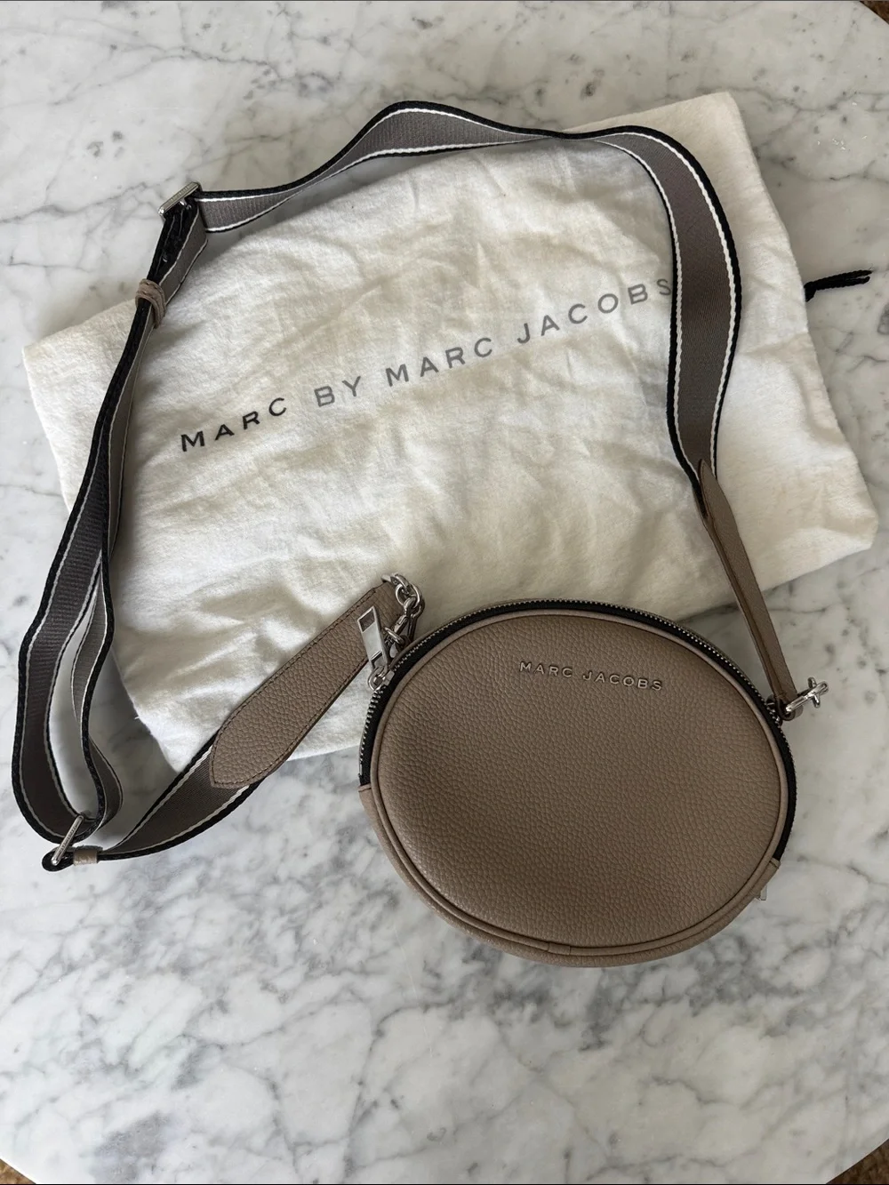 Marc Jacobs Taupe Round Pebbled Leather Crossbody with Striped Strap